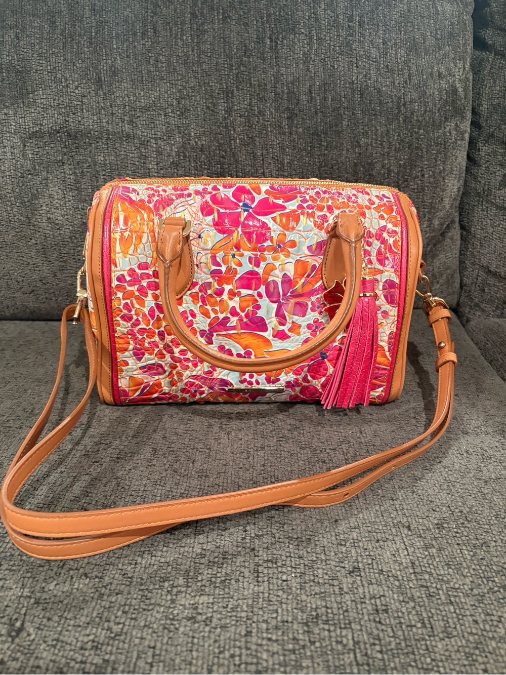 Brahmin Neon Floral Freehand Stacy Satchel Purse Shoulder Bag